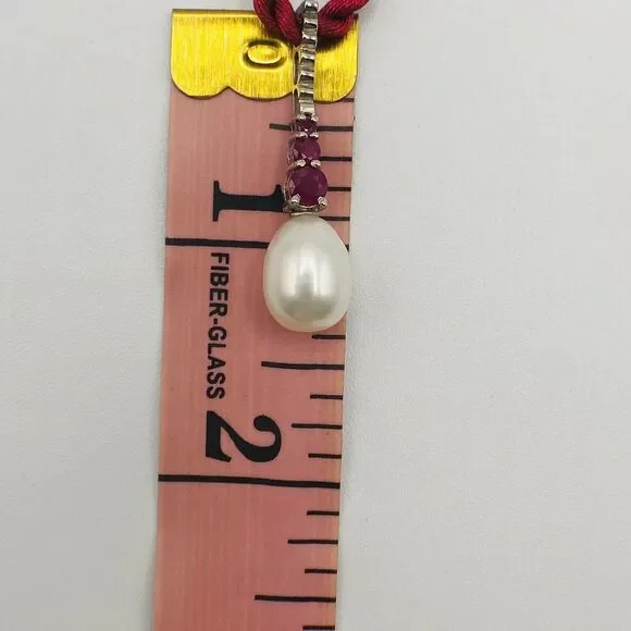 Sterling Silver Burma Ruby & Pearl Pendant Necklace - Picture 7 of 9